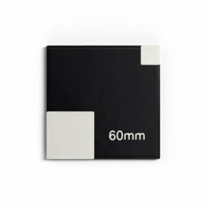 Square VFX tracking marker, black with white asymmetric pattern and 60mm text.