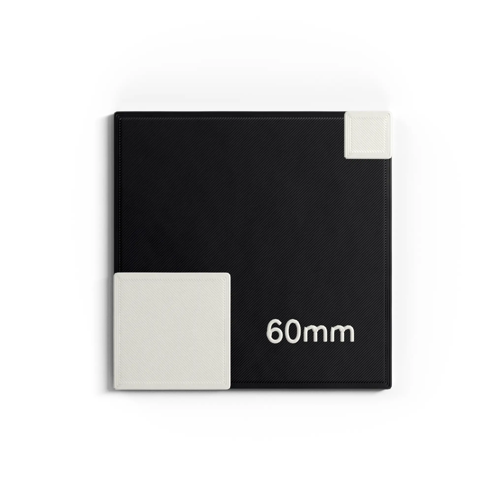 Square VFX tracking marker, black with white asymmetric pattern and 60mm text.