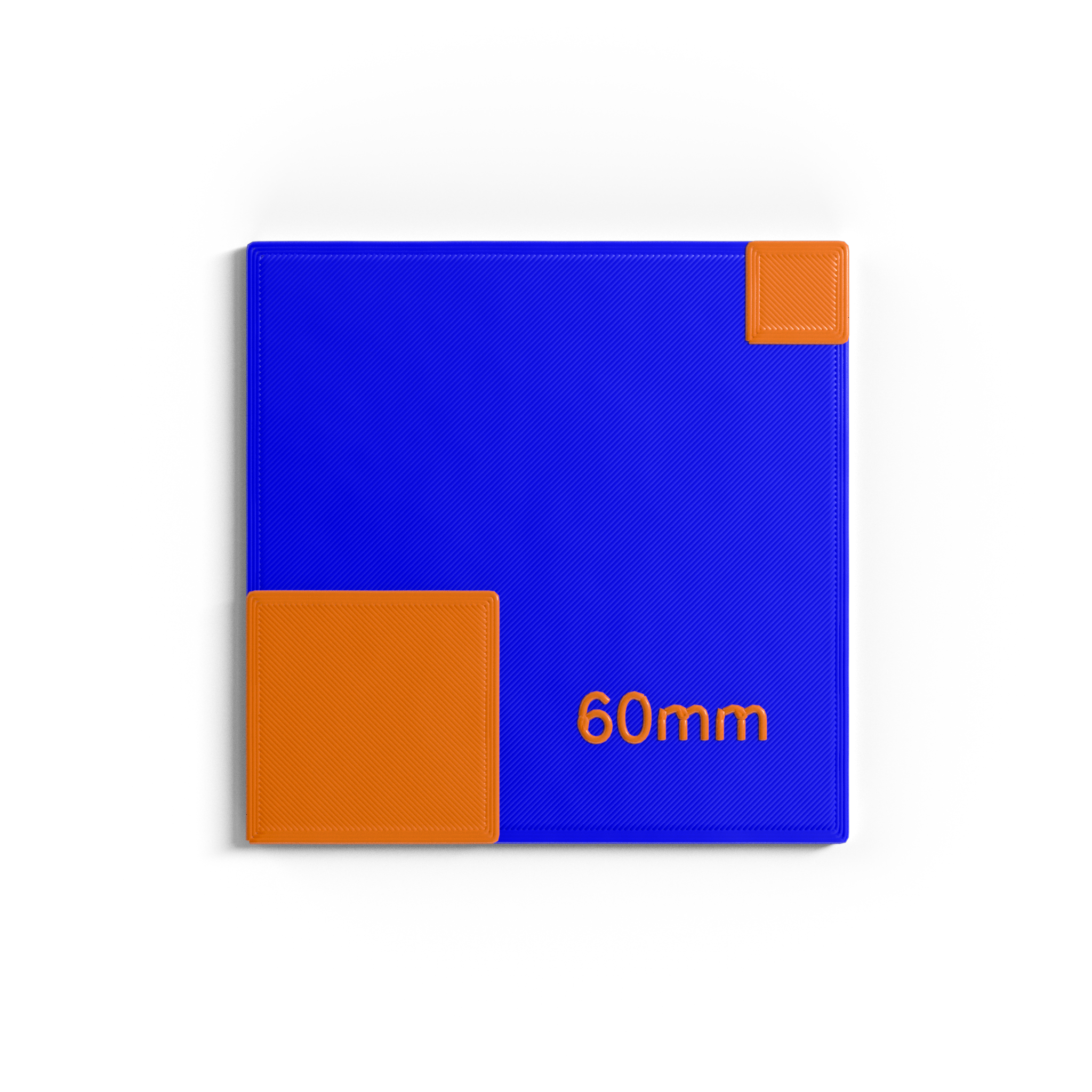 Square VFX tracking marker, blue with orange asymmetric pattern and 60mm text.